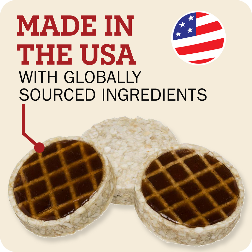 Three Redbarn Roofle treat on a light beige background with promotional text reading 'MADE IN THE USA WITH GLOBALLY SOURCED INGREDIENTS