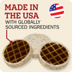 Three Redbarn Roofle treat on a light beige background with promotional text reading 'MADE IN THE USA WITH GLOBALLY SOURCED INGREDIENTS