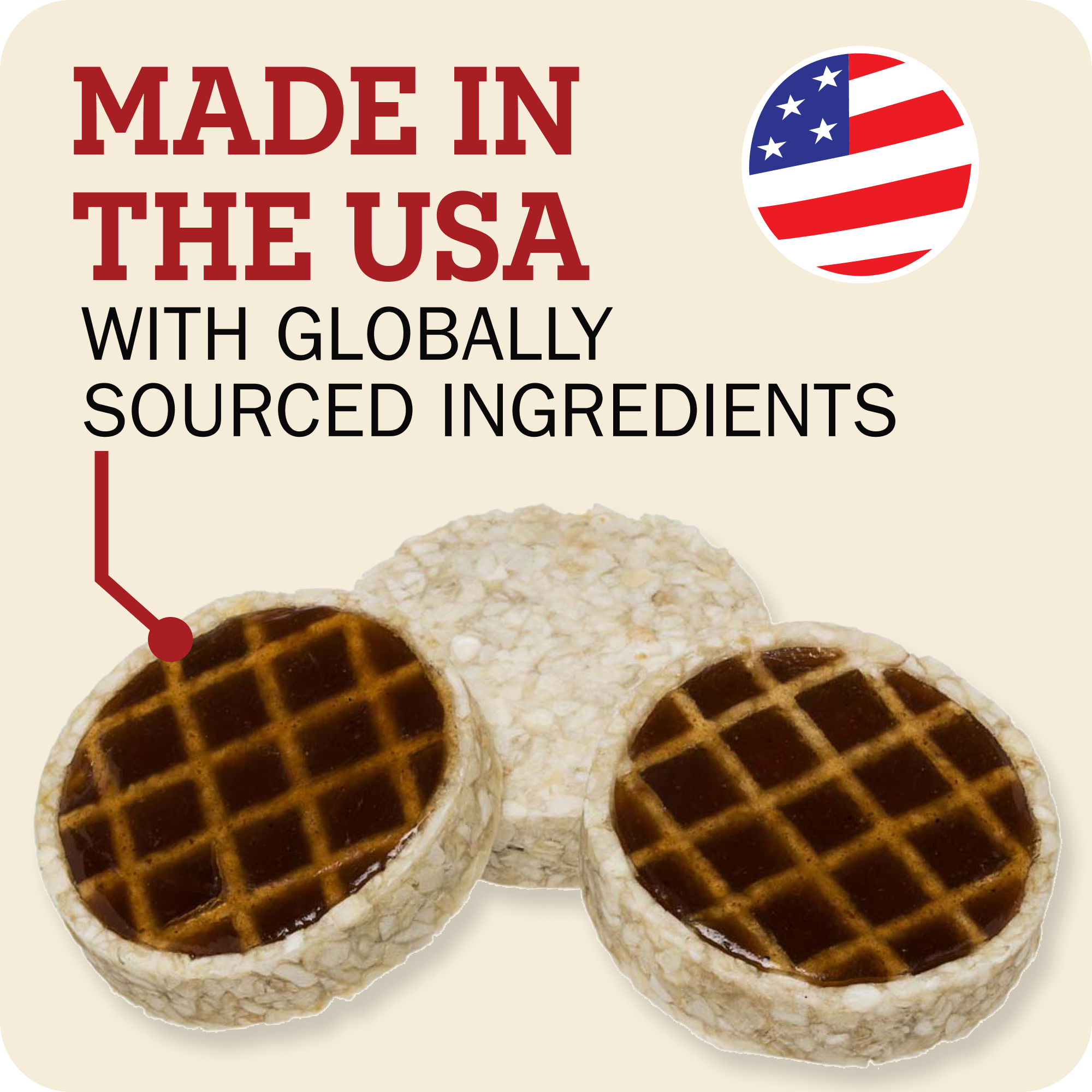Three Redbarn Roofle treat on a light beige background with promotional text reading 'MADE IN THE USA WITH GLOBALLY SOURCED INGREDIENTS