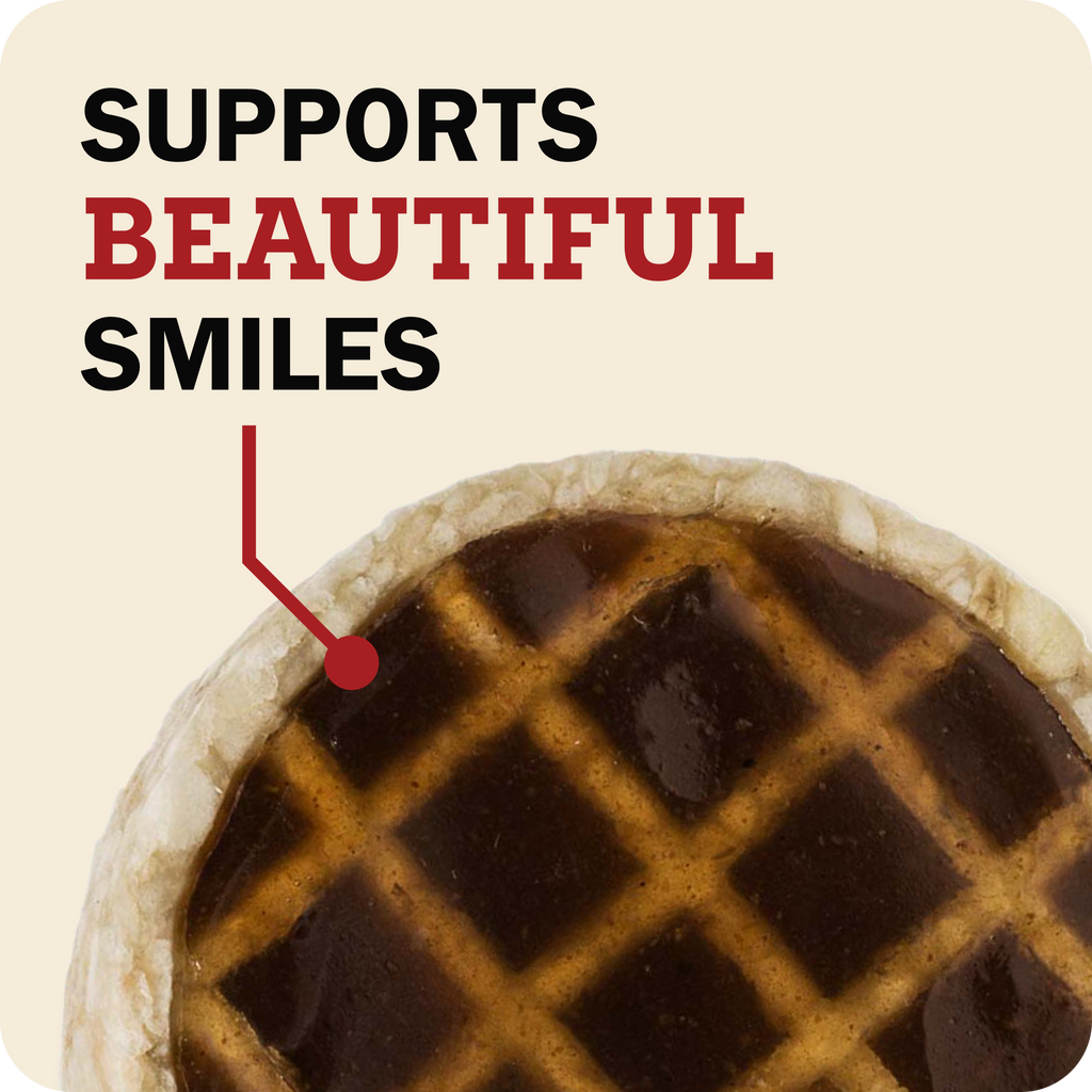 A close-up of a Redbarn Roofle treat. Large text at the top reads 'SUPPORTS BEAUTIFUL SMILES' on a warm cream background.