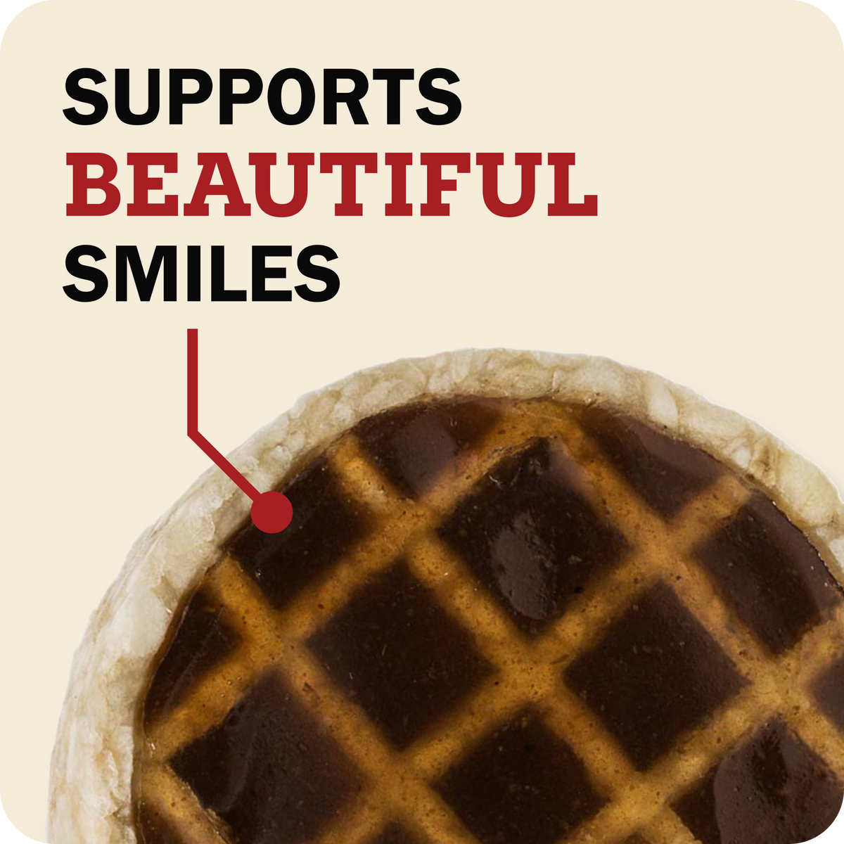 A close-up of a Redbarn Roofle treat. Large text at the top reads 'SUPPORTS BEAUTIFUL SMILES' on a warm cream background.