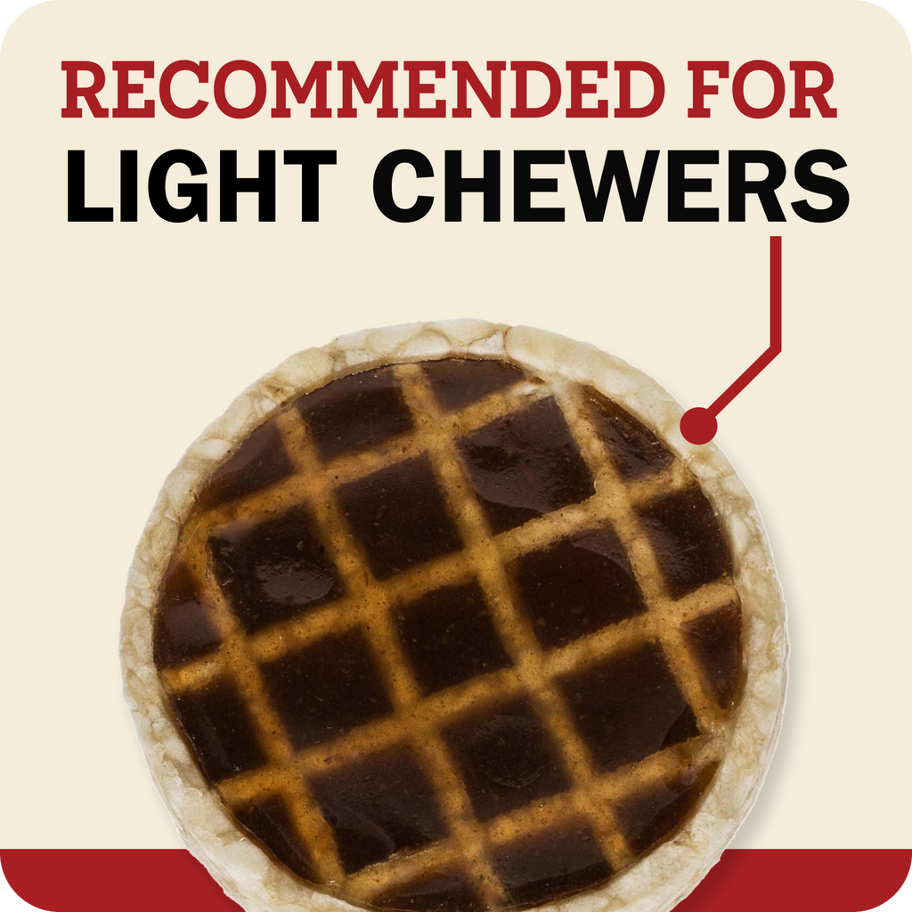 A top-down view of Redbarn Roofle treat, shown on a cream background with the text 'RECOMMENDED FOR LIGHT CHEWERS' and a red arrow pointing to the chew.