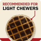 A top-down view of Redbarn Roofle treat, shown on a cream background with the text 'RECOMMENDED FOR LIGHT CHEWERS' and a red arrow pointing to the chew.