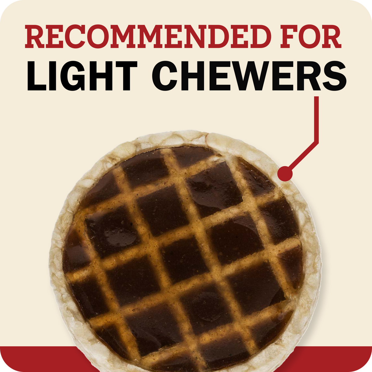 A top-down view of Redbarn Roofle treat, shown on a cream background with the text 'RECOMMENDED FOR LIGHT CHEWERS' and a red arrow pointing to the chew.