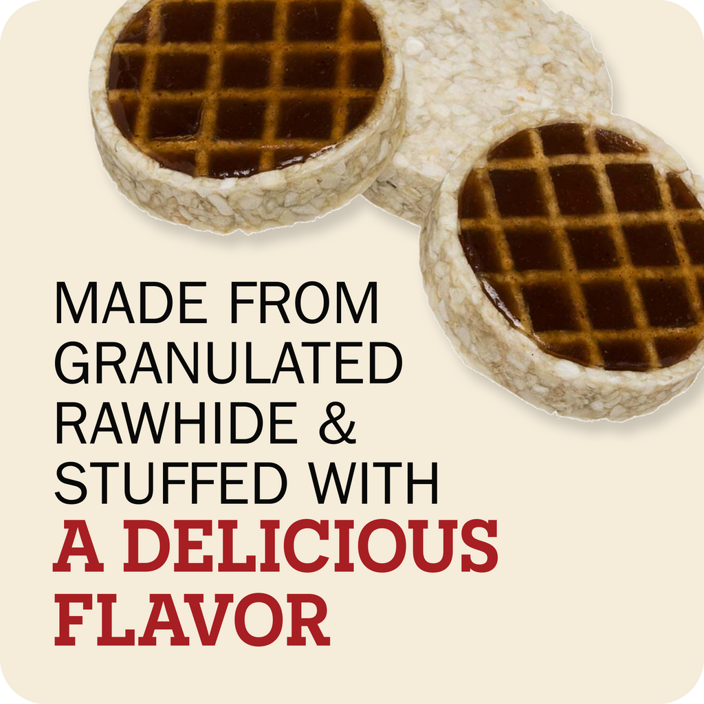 Two Redbarn Roofle treats shown on a light beige background with promotional text that reads 'MADE FROM GRANULATED RAWHIDE & STUFFED WITH A DELICIOUS FLAVOR'.