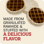Two Redbarn Roofle treats shown on a light beige background with promotional text that reads 'MADE FROM GRANULATED RAWHIDE & STUFFED WITH A DELICIOUS FLAVOR'.