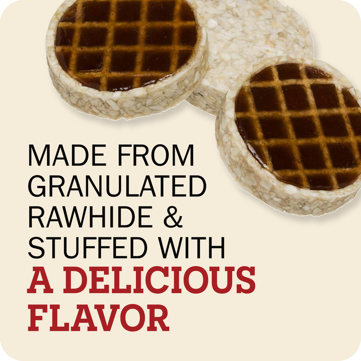Two Redbarn Roofle treats shown on a light beige background with promotional text that reads 'MADE FROM GRANULATED RAWHIDE & STUFFED WITH A DELICIOUS FLAVOR'.