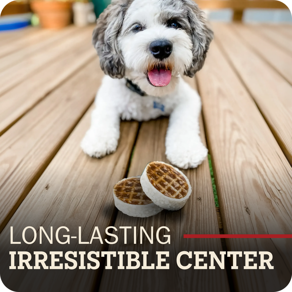 A small fluffy white and gray dog sits on a wooden deck with two Redbarn Roofle treats in front of it. Large overlaid text at the bottom reads 'LONG-LASTING IRRESISTIBLE CENTER'.