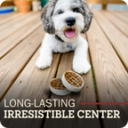 A small fluffy white and gray dog sits on a wooden deck with two Redbarn Roofle treats in front of it. Large overlaid text at the bottom reads 'LONG-LASTING IRRESISTIBLE CENTER'.