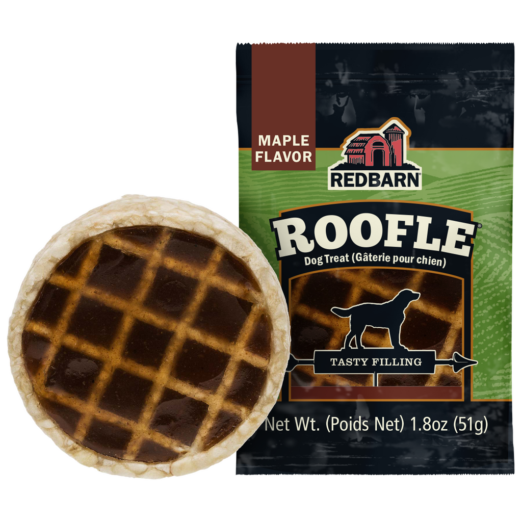 A Redbarn Roofle dog treat shown next to its retail pouch packaging on a plain white background.