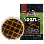 A Redbarn Roofle dog treat shown next to its retail pouch packaging on a plain white background.