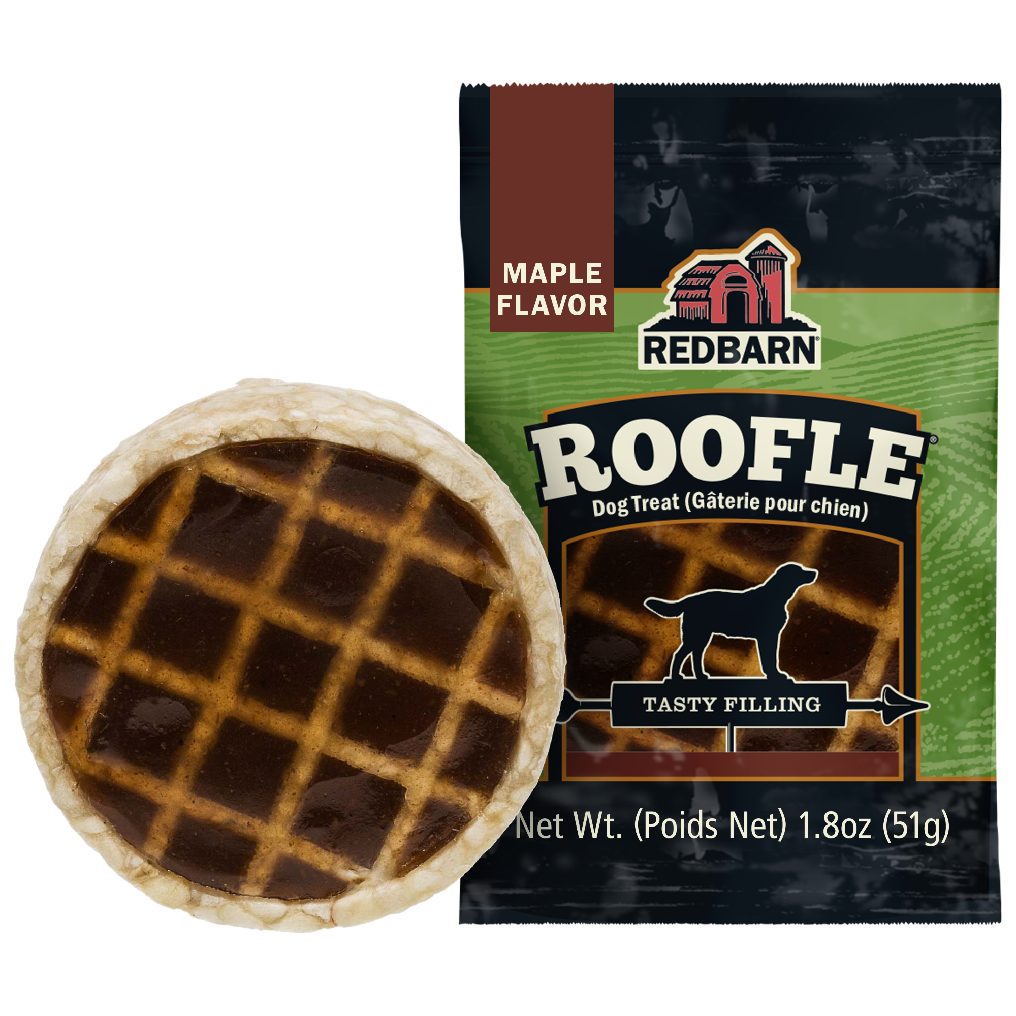 A Redbarn Roofle dog treat shown next to its retail pouch packaging on a plain white background.