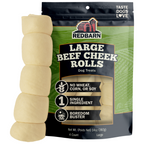 Redbarn package of beef cheek rolls with text stating no wheat, corn, or soy, single ingredient, boredom buster