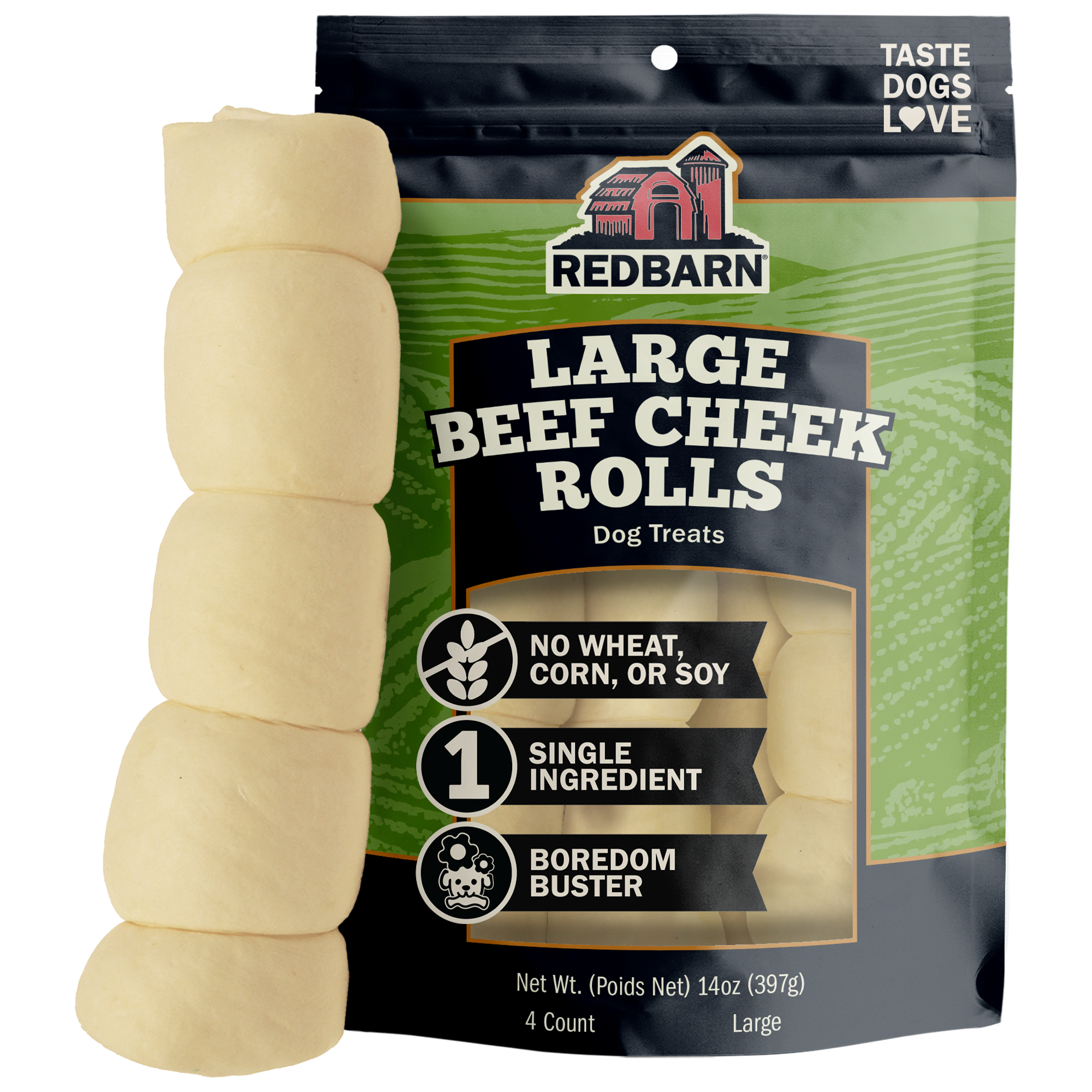 Redbarn package of beef cheek rolls with text stating no wheat, corn, or soy, single ingredient, boredom buster