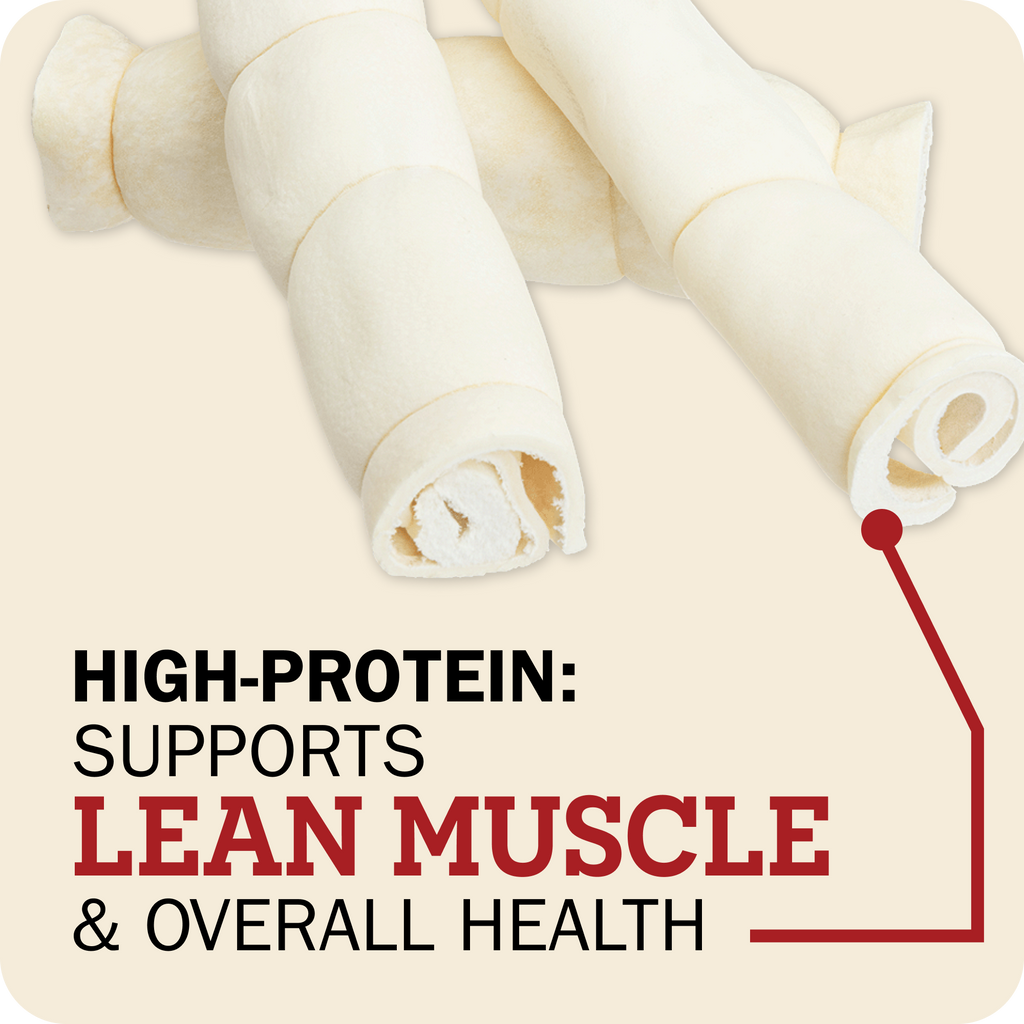 Three beef cheek roll treats on a light beige background with promotional text reading 'HIGH-PROTEIN: SUPPORTS LEAN MUSCLE & OVERALL HEALTH' and a red arrow pointing to one roll.