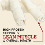 Three beef cheek roll treats on a light beige background with promotional text reading 'HIGH-PROTEIN: SUPPORTS LEAN MUSCLE & OVERALL HEALTH' and a red arrow pointing to one roll.