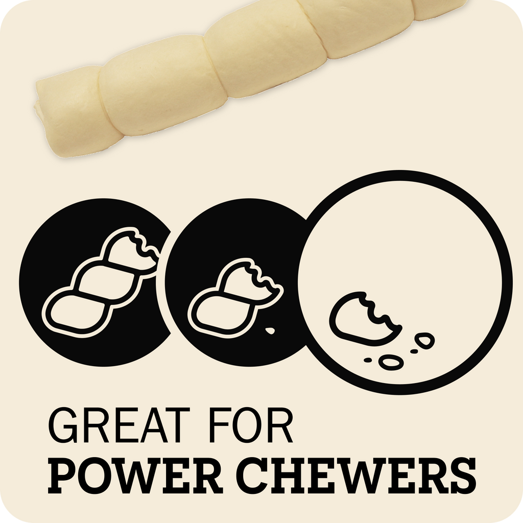 A promotional graphic for dog chewers showing a pale cream-colored segmented chew at the top, three black circular icons below with white chew illustrations, and the text 'GREAT FOR POWER CHEWERS' on a light beige background.