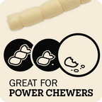 A promotional graphic for dog chewers showing a pale cream-colored segmented chew at the top, three black circular icons below with white chew illustrations, and the text 'GREAT FOR POWER CHEWERS' on a light beige background.