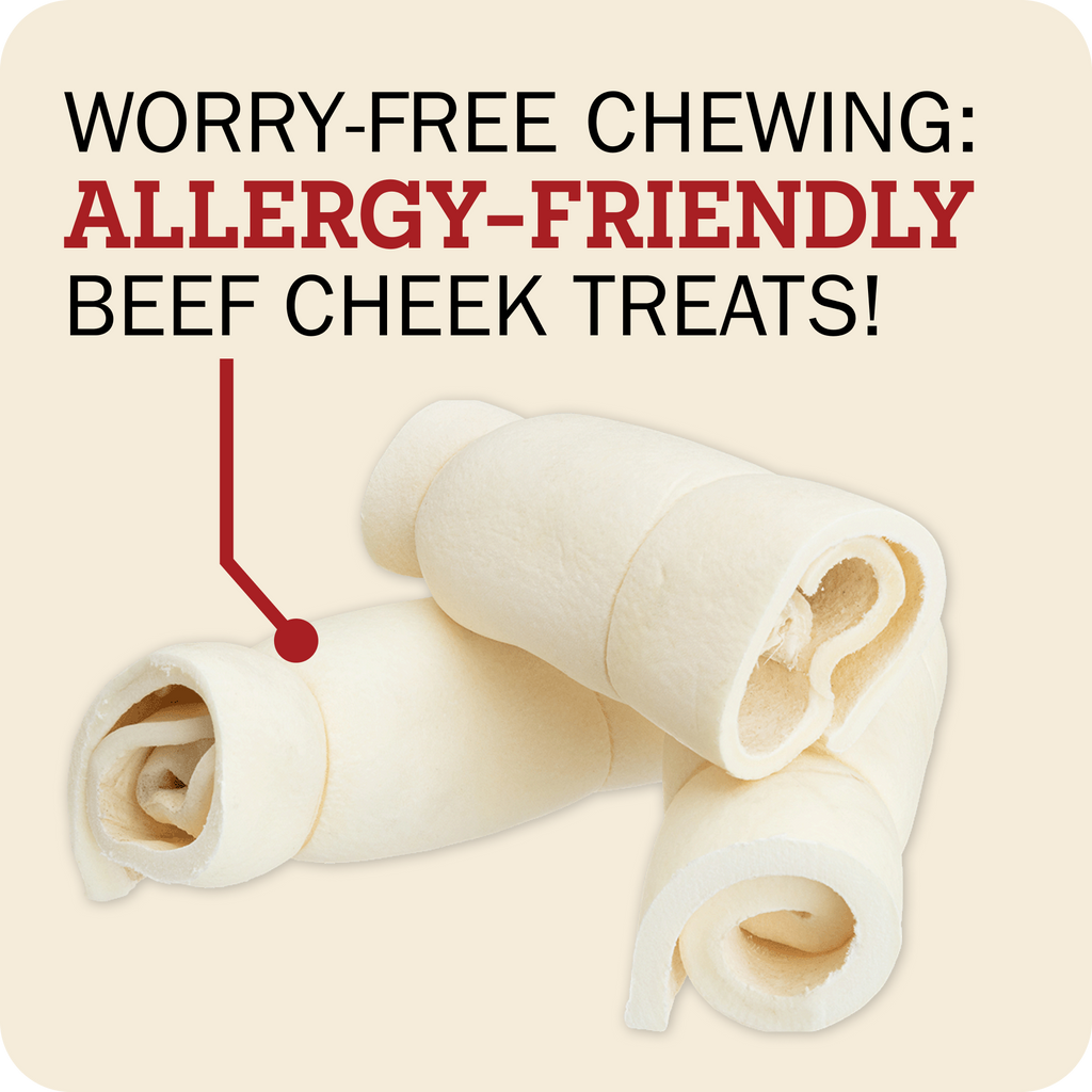 Three rolled beef cheek treats on a light beige background with promotional text reading 'WORRY-FREE CHewing: ALLERGY-FRIENDLY BEEF CHEEK TREATS!' and a red arrow pointing to one treat.