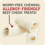 Three rolled beef cheek treats on a light beige background with promotional text reading 'WORRY-FREE CHewing: ALLERGY-FRIENDLY BEEF CHEEK TREATS!' and a red arrow pointing to one treat.