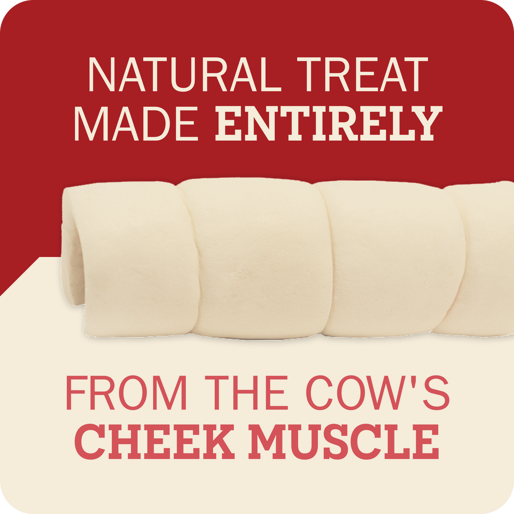 A promotional graphic for cow cheek muscle treats, showing several pale cream cylindrical treats on a split red and cream background with text reading 'NATURAL TREAT MADE ENTIRELY' and 'FROM THE COW'S CHEEK MUSCLE'.