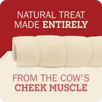 A promotional graphic for cow cheek muscle treats, showing several pale cream cylindrical treats on a split red and cream background with text reading 'NATURAL TREAT MADE ENTIRELY' and 'FROM THE COW'S CHEEK MUSCLE'.