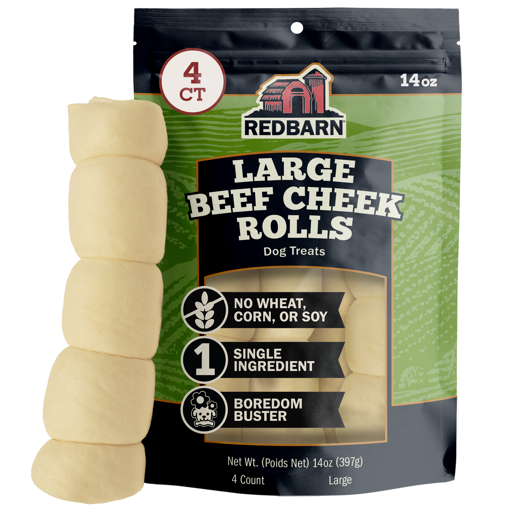 Best Rawhide Free Treats. Redbarn Large Beef Cheek Rolls dog treats with packaging on a white background