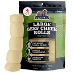 Best Rawhide Free Treats. Redbarn Large Beef Cheek Rolls dog treats with packaging on a white background