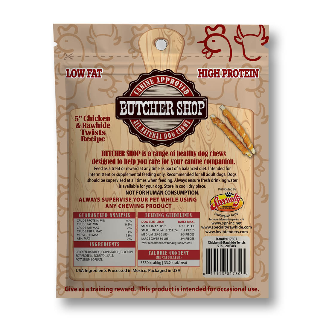 Back of a bag of Butcher Shop Natural Dog Chews, showing product details, ingredients, feeding guidelines, and a small image of two dog chews on a tan background.
