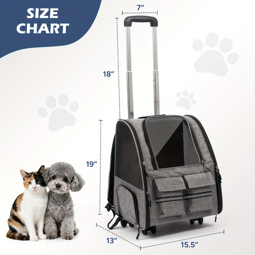 Rolling Pet Carrier with Wheels | 2-in-1 Trolley Cat Carrier Bag, Airline Approved, Telescopic Handle, Detachable Soft-Sided Travel Bag with Shoulder Strap, Zipper Closure & Safety Leash for Cats Dogs