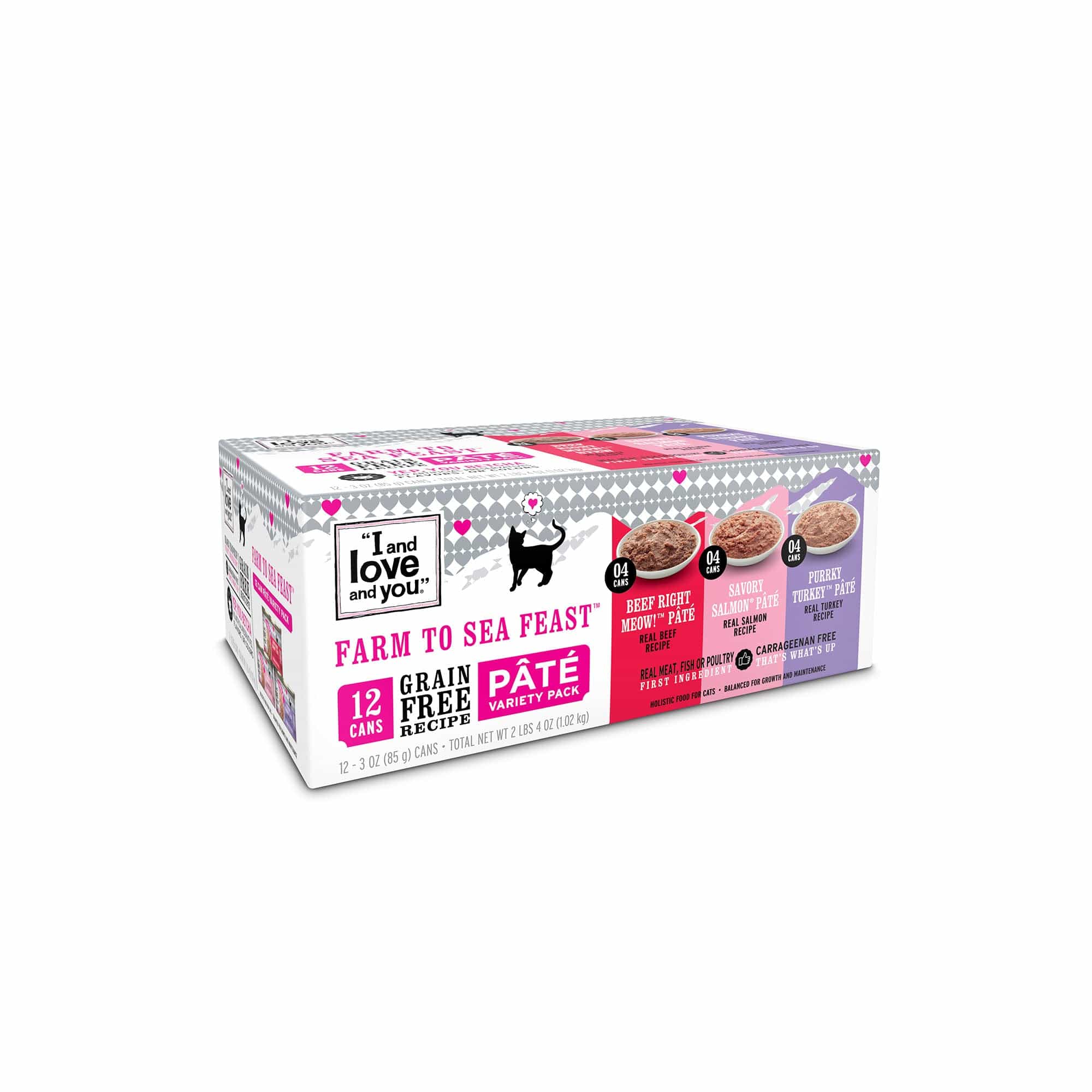 A box of cat food cans featuring chicken, salmon, and turkey pâté options.