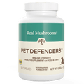 White bottle labeled "Pet Defenders™ Organic Mushroom Blend Capsules for Pets" by Real Mushrooms, an immune support supplement for dogs and cats with 90 veterinarian-formulated capsules featuring organic mushroom extracts.