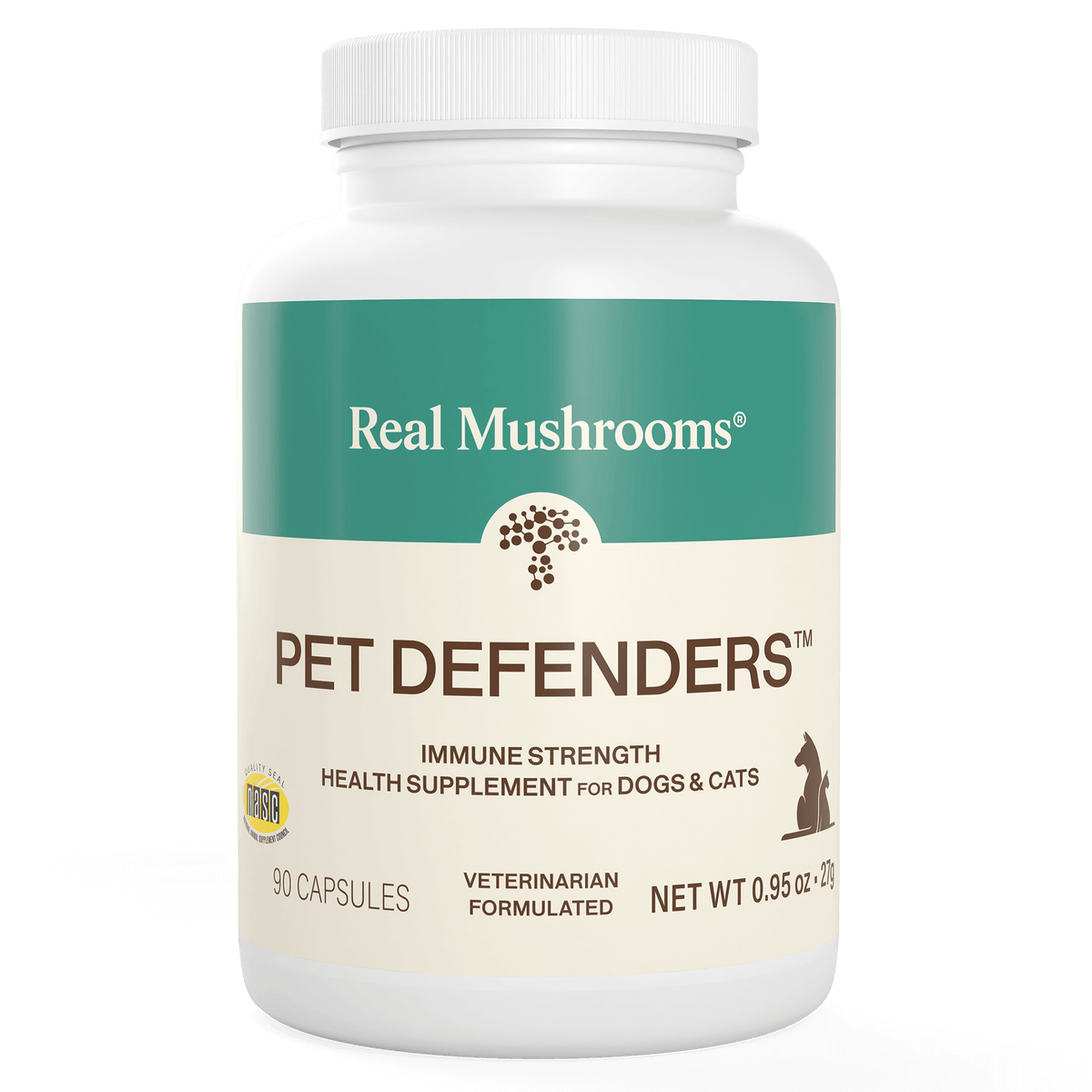 White bottle labeled "Pet Defenders™ Organic Mushroom Blend Capsules for Pets" by Real Mushrooms, an immune support supplement for dogs and cats with 90 veterinarian-formulated capsules featuring organic mushroom extracts.
