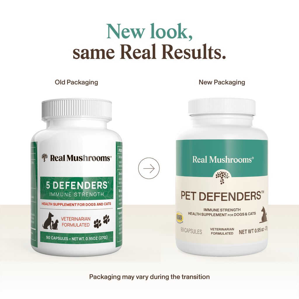 Two bottles of Real Mushrooms Pet Defenders™ Organic Mushroom Blend Capsules for Pets are shown side by side, labeled as old and new packaging. Text indicates packaging may vary during the transition period.