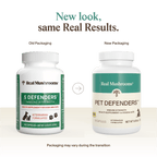 Two bottles of Real Mushrooms Pet Defenders™ Organic Mushroom Blend Capsules for Pets are shown side by side, labeled as old and new packaging. Text indicates packaging may vary during the transition period.