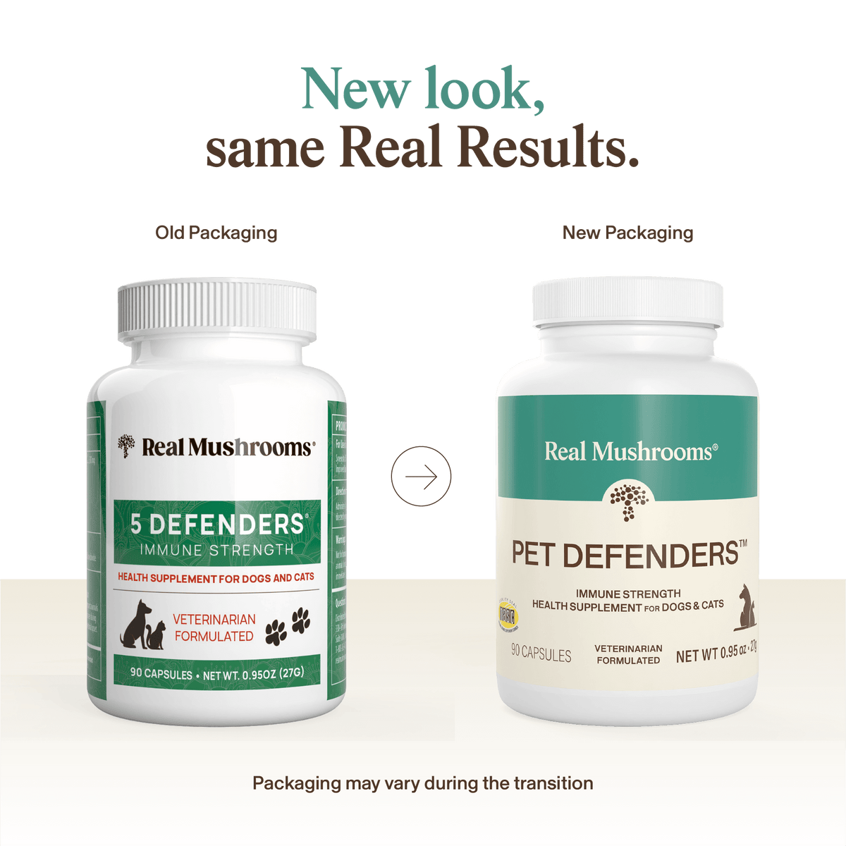 Two bottles of Real Mushrooms Pet Defenders™ Organic Mushroom Blend Capsules for Pets are shown side by side, labeled as old and new packaging. Text indicates packaging may vary during the transition period.