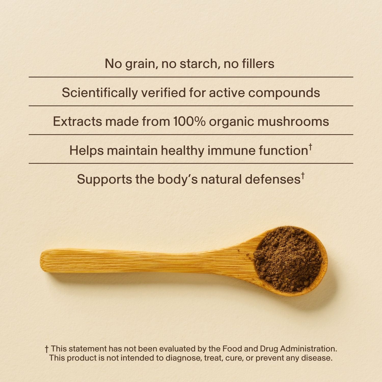 A wooden spoon with organic mushroom powder rests on a beige surface beside text promoting Real Mushrooms' Pet Defenders with Qrill™ Pet—an antioxidant supplement for pets, offering filler-free ingredients and natural immune support (12 units).