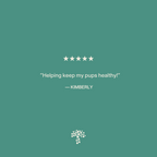 A five-star review from Kimberly reads, "Helping keep my pups healthy with immune support for pets!"—featuring Real Mushrooms Pet Defenders™ Organic Mushroom Blend Capsules for Pets on a teal background with a small tree logo below.