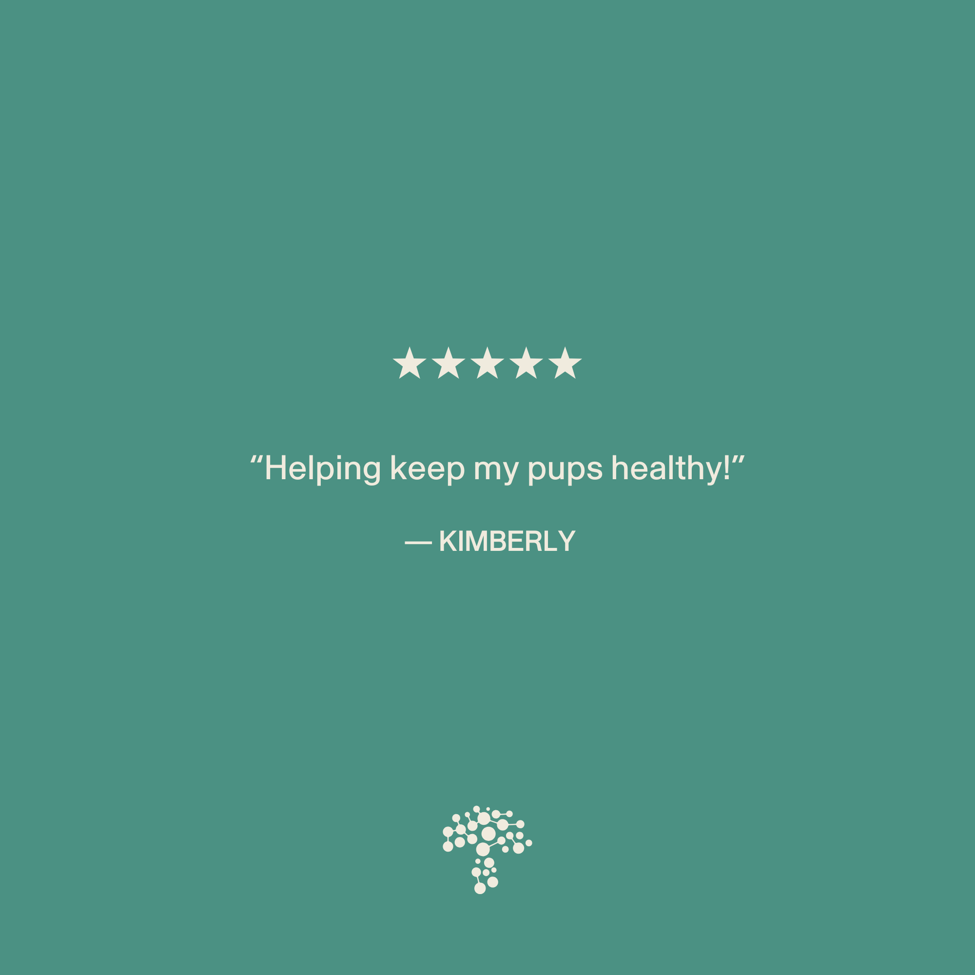 A five-star review from Kimberly reads, "Helping keep my pups healthy with immune support for pets!"—featuring Real Mushrooms Pet Defenders™ Organic Mushroom Blend Capsules for Pets on a teal background with a small tree logo below.