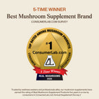 A gold seal displaying “5-Time Winner, Best Mushroom Supplement Brand, ConsumerLab.com” is featured alongside text explaining that Real Mushrooms received this prestigious award in 2026. This recognition highlights their commitment to cognitive support and celebrates the exceptional quality and innovative formulation of Lion’s Mane FOCUS by Real Mushrooms.