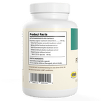 The Real Mushrooms Pet Defenders™ Organic Mushroom Blend Capsules for Pets bottle displays the product facts label with active and inactive ingredients, including beta-glucan-rich organic mushroom extracts for pet immune support. Barcode and certifications are shown.