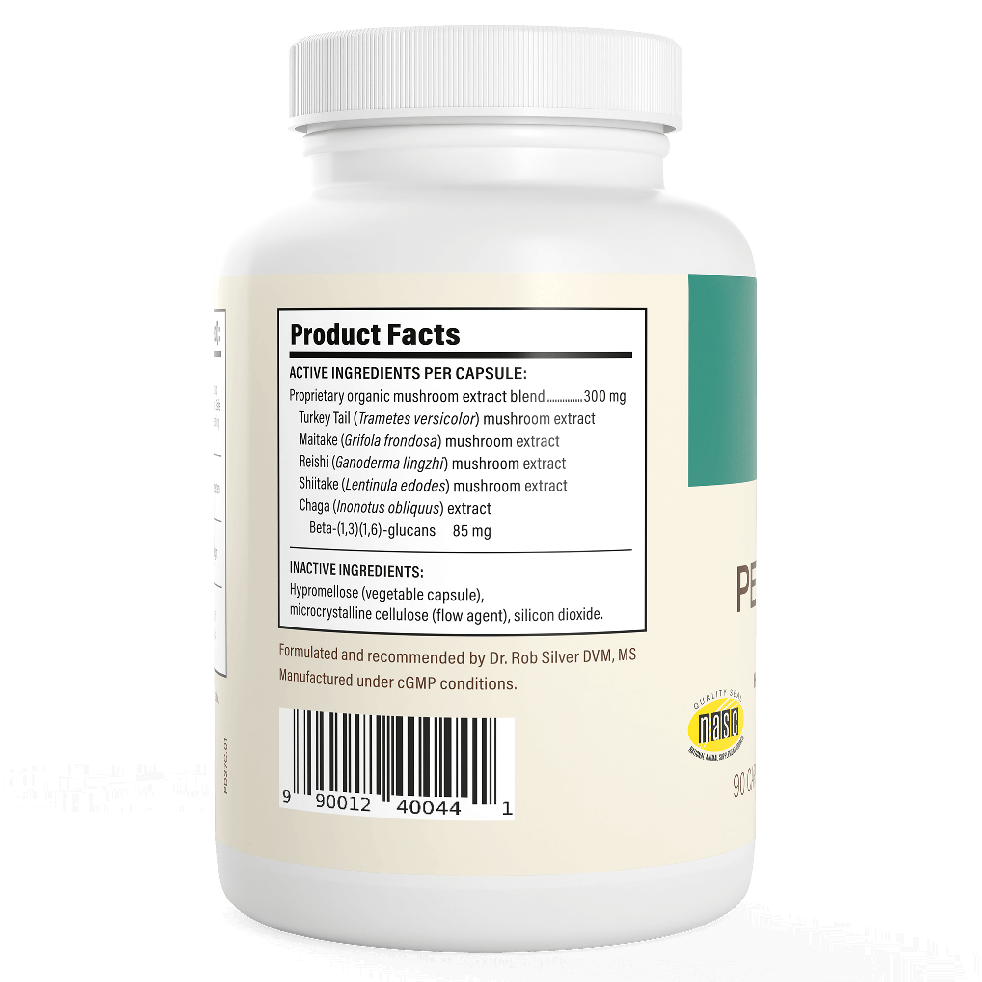 The Real Mushrooms Pet Defenders™ Organic Mushroom Blend Capsules for Pets bottle displays the product facts label with active and inactive ingredients, including beta-glucan-rich organic mushroom extracts for pet immune support. Barcode and certifications are shown.