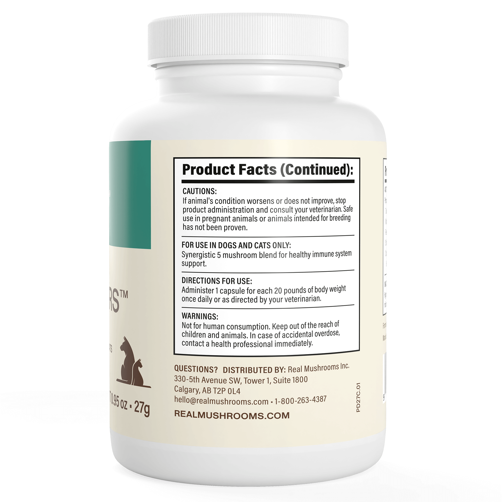 White Real Mushrooms supplement bottle with a label showing product facts, cautions, directions, and distributor details for Pet Defenders™ Organic Mushroom Blend Capsules for Pets, featuring organic mushroom extracts for immune support.