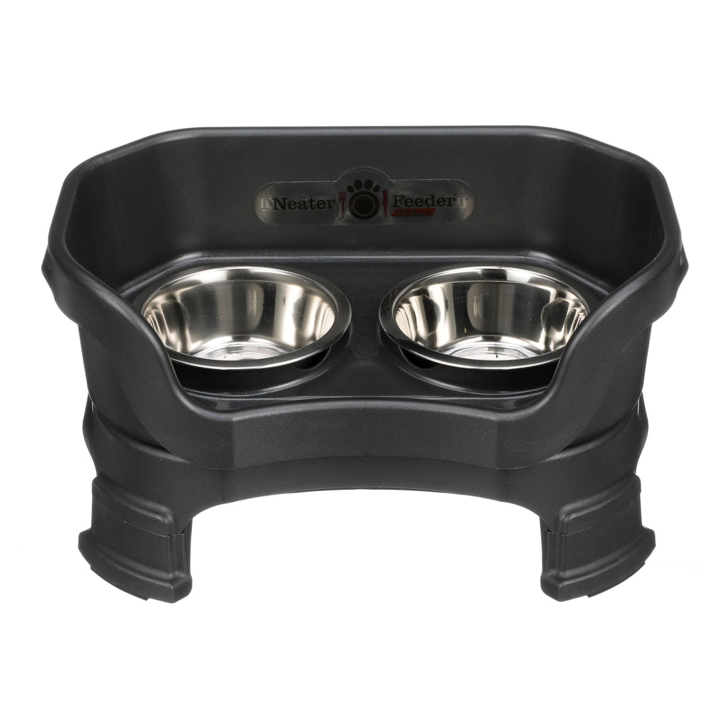 Neater Feeder Deluxe small with leg extensions in Midnight Black with two stainless steel bowls against a white background.