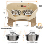 A chart showing the dimensions of the Neater Feeder Deluxe small with leg extensions as well as the stainless steel bowls against a white background.