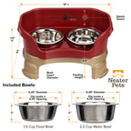 A chart showing the dimensions of the Neater Feeder Deluxe small with leg extensions as well as the stainless steel bowls against a white background.