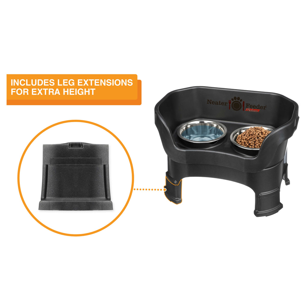 A chart showing the dimensions of the Neater Feeder Deluxe medium  with leg extensions as well as the stainless steel bowls against a white background.