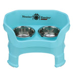 Neater Feeder Deluxe medium with leg extensions in Aqua with two stainless steel bowls against a white background.