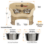 A chart showing the dimensions of the Neater Feeder Deluxe medium  with leg extensions as well as the stainless steel bowls against a white background.