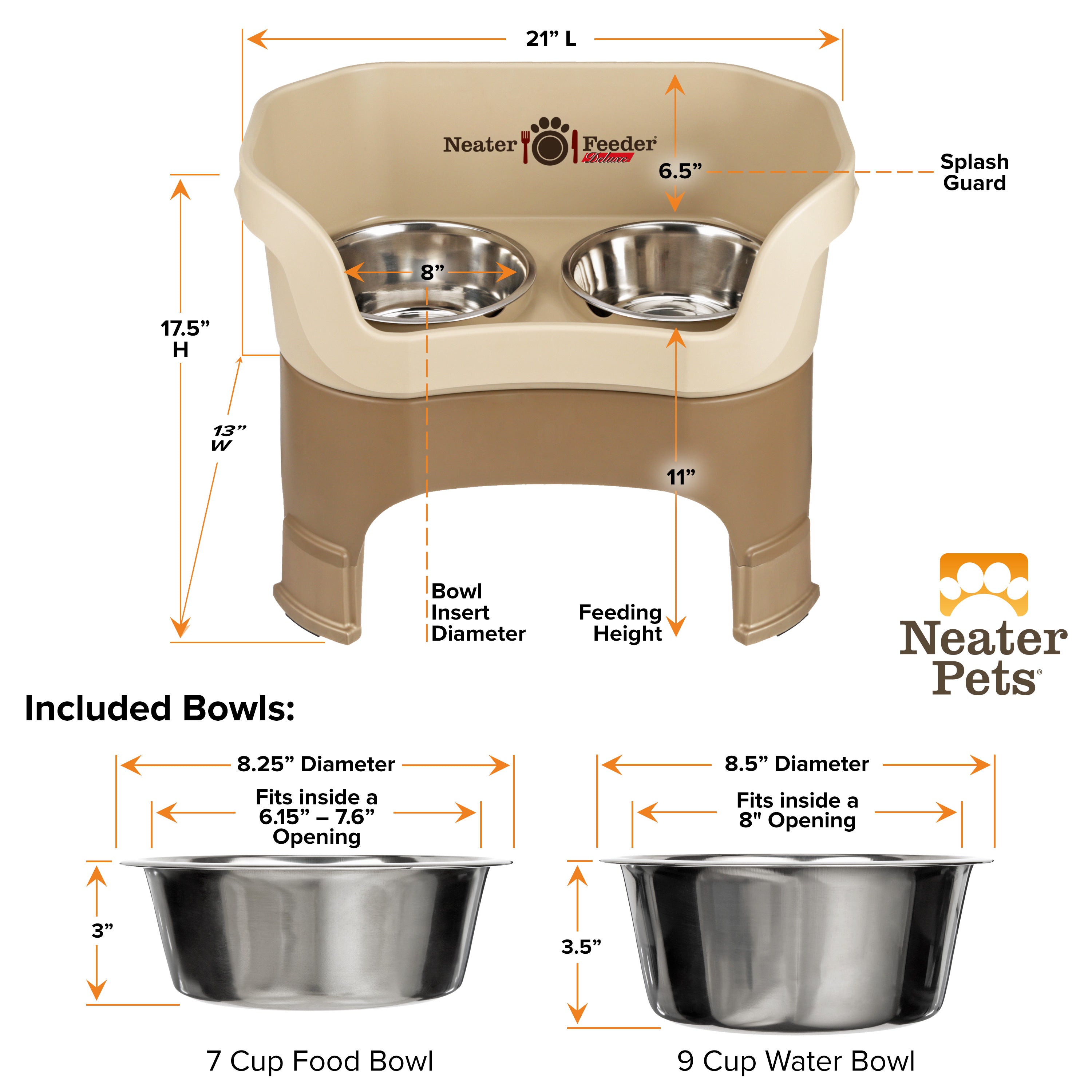 A chart showing the dimensions of the Neater Feeder Deluxe large with leg extensions as well as the stainless steel bowls against a white background.